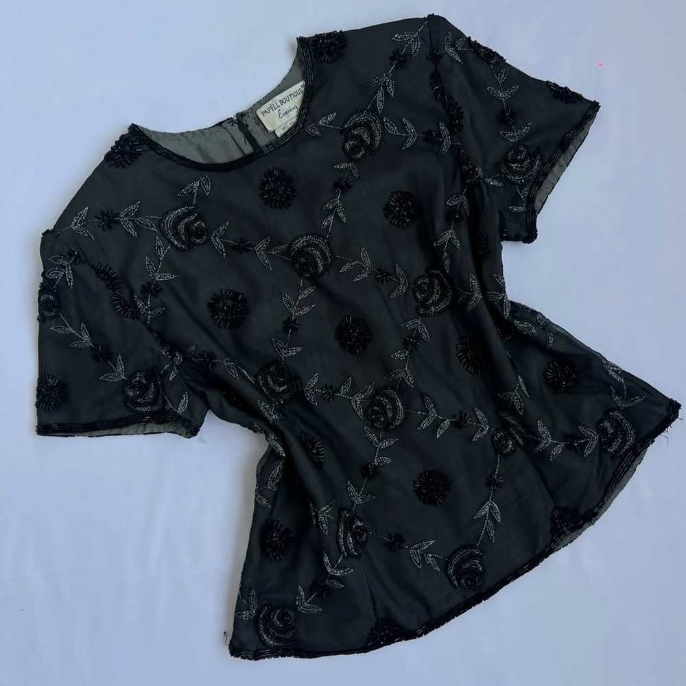 Papll Boutique Evening Black Embroidered Women's Short Sleeve Form Fitting Top